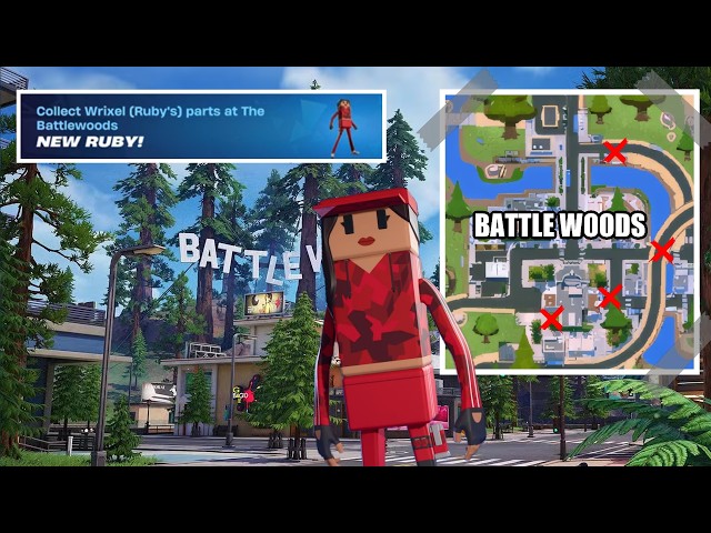 Fortnite Guide | Collect Wrixel (Ruby's) Parts at The Battlewoods 0/4