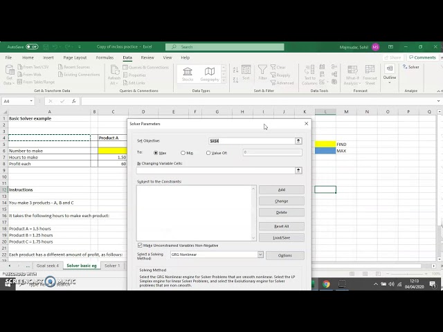 Solver Example to Maximise Profit