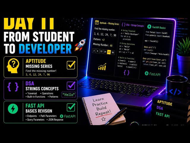 Day 11 of My Coding Journey  | DSA Strings | Aptitude Missing Series | FastAPI Basics