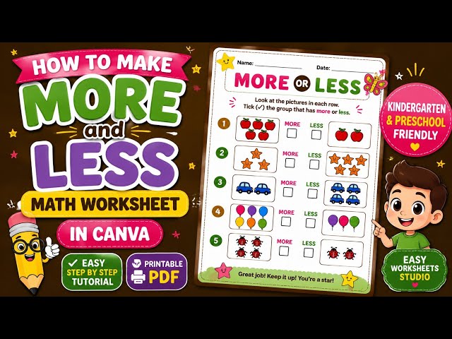 How to Make a More and Less Math Worksheet in Canva | Kindergarten Worksheet Tutorial |Printable PDF
