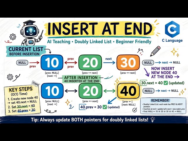 Insertion at End in Doubly Linked List in C | Step-by-Step Explanation with Dry Run |Data Structures
