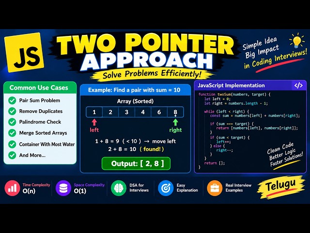 TWO SUM PROBLEM (Two Pointer Approach) in JavaScript Telugu 🚀 | DSA Coding Interview