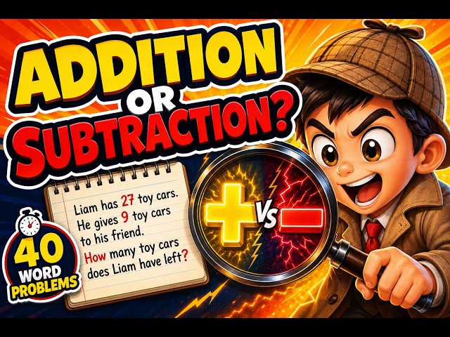 40 Addition & Subtraction Word Problems Add or Subtract? ★  Math Detective Quiz for Kids