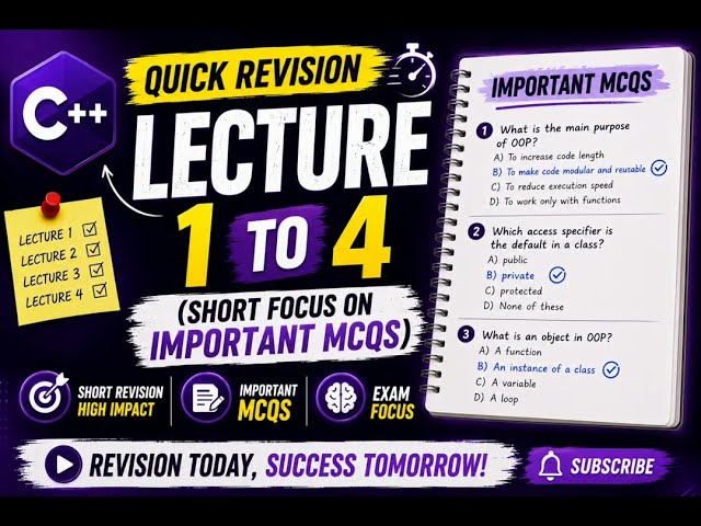 OOP in C++ Important MCQs | Quick Revision (Lecture 1–4) | OOP in C++ Urdu