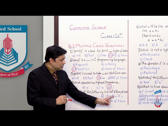 Class 10 - Computer Studies - Chapter 2 - Lecture 8 - Exercises: Q.1=MCQs, Q.2=T & F- Allied Schools