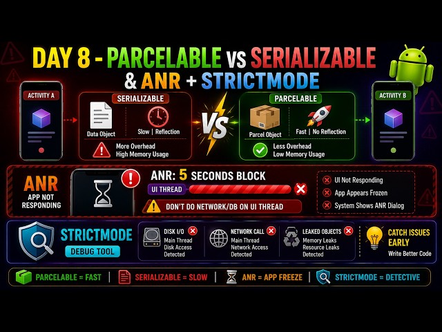 Day 8 - Parcelable vs Serializable 🔥 ANR & StrictMode Explained | Android Development | CodeWithBhai