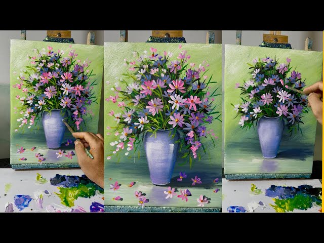 #001 - How to Paint a Beautiful Daisy Bouquet in White, Purple & Pink | Acrylic Painting on Canvas 