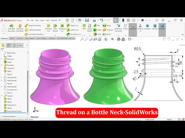 How to Model Threads on a Bottle Neck in SolidWorks
