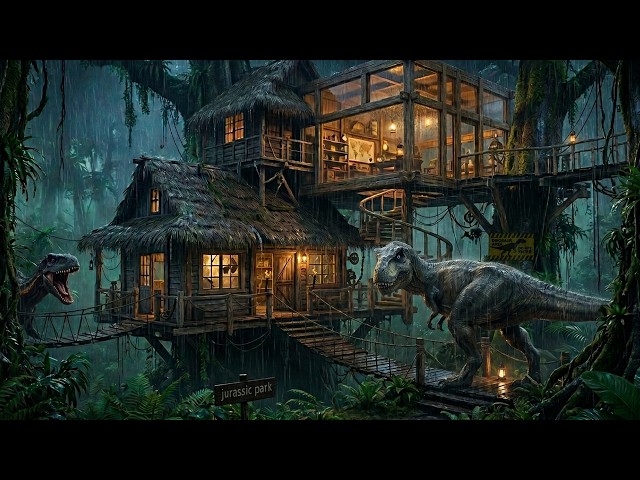 Lost in Jurassic Rainforest | Jurassic Park Horror | Treehouse Ambience with Rain & Dinosaur Sounds