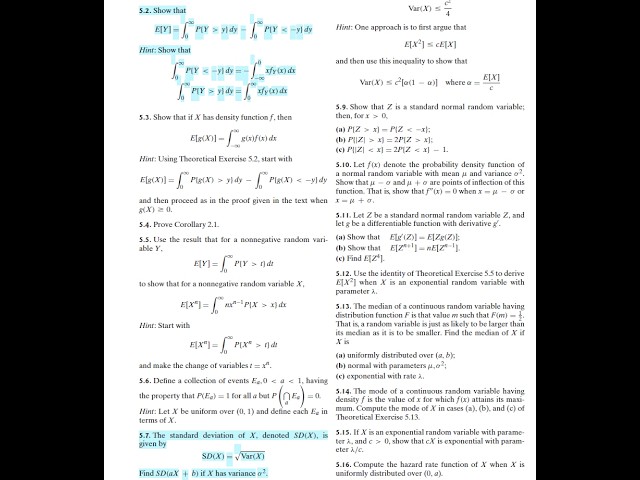 Probability (9E) - Ross. ThEx 5.2, 5.7: Expectation and Variance of Continuous Random Variables