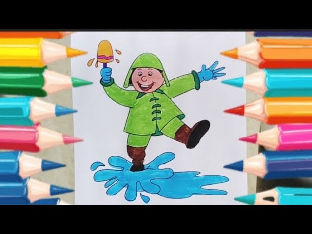 Easy Rainy Season Drawing for Kids | Step-by-Step Rain Coat Boy Coloring #satisfying #brushpen #art 