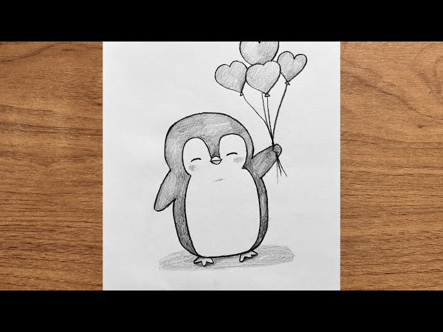 How to Draw a Cute Penguin with Balloons 🐧 | Easy Pencil Drawing