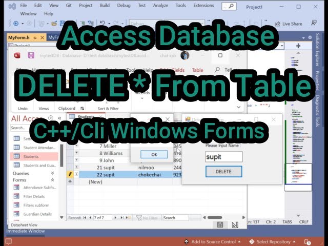 DELETE * FROM Table Access Database C++ Cli Windows Forms ลบข้อมูลจากฐานข้อมูล