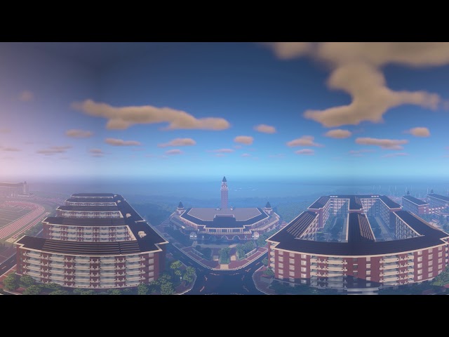Floating in the air above a school in Minecraft