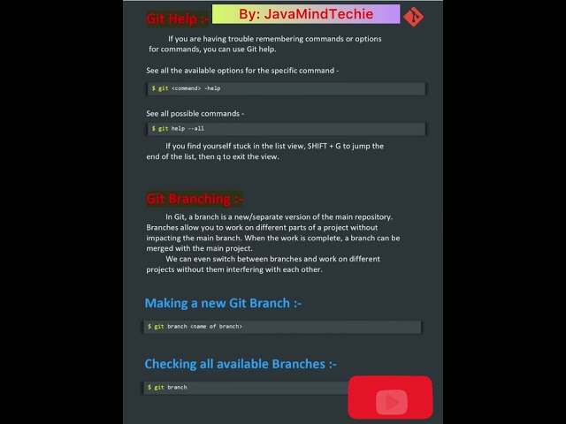 Command for git help and Branching