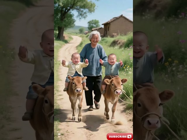 Babies Help Grandma Lead Two Cows 👶👶🐄❤️