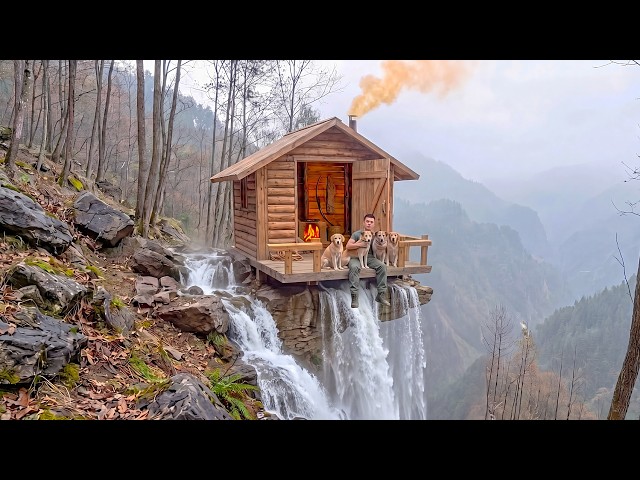 Man Built WOOD Survival Bushcraft SHELTERE On A Steep Mountain Using Only Hand Tools For Survival
