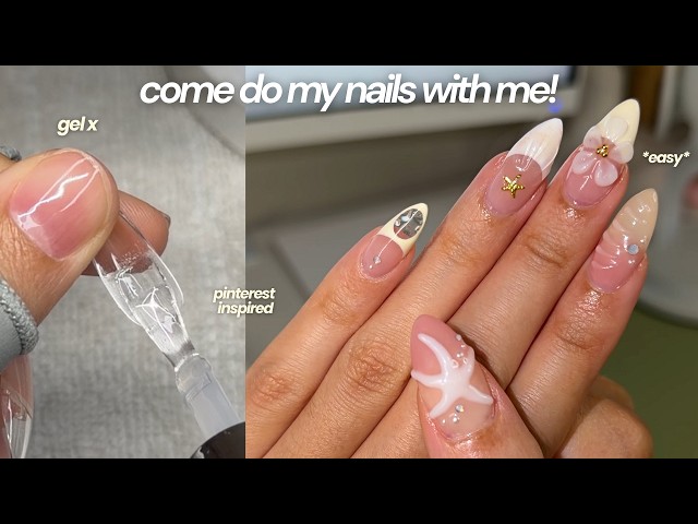 come do my nails *at home* with me🫧🐚✨ cuticle care, diy gel x, amazon products, *pinterest inspired*