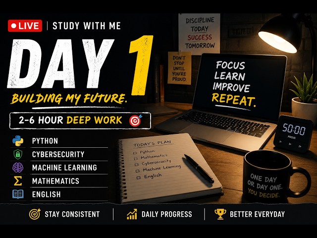🔴 LIVE | Day 1 - Study With Me | Python, Math, Cybersecurity & Machine Learning | 2–6 Hour Deep Wor