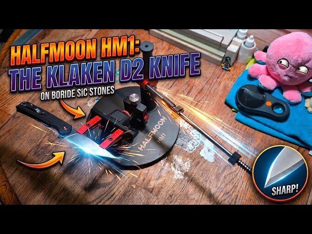 Halfmoon HM1 linear bearing sharpening system sharpening Klaken D2 Edc knife on Boride SiC stones