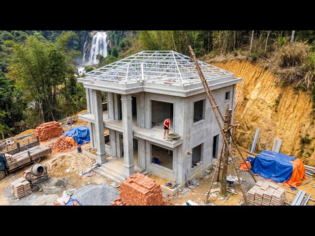 TIMELAPSE- Building a Villa Deep in the Forest for a Young Woman Using Stone, Bricks and Cement