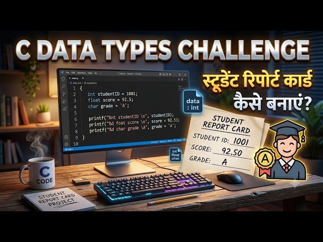 7.8) C Language Data Types Challenge: स्टूडेंट रिपोर्ट कार्ड कोड कैसे बनाएं