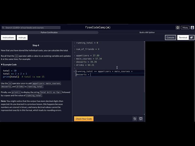 FreeCodeCamp - Python Project  - Step 4 to 8 - Build a Bill Splitter