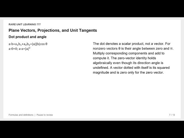 Plane Vectors Projections and Unit Tangents | Formulas & Definitions
