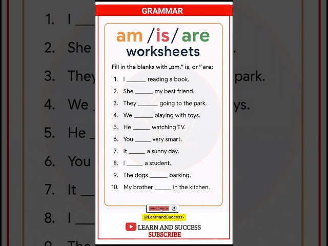 Am / Is / Are Grammar Worksheet | Learn Basic English with Learn and Success