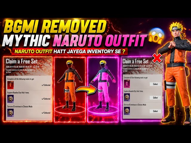 😡BGMI REMOVED MYTHIC NARUTO OUTFIT | CLAIM A FREE SET EVENT NOTICE | WILL THE SET BE REMOVED FROM...