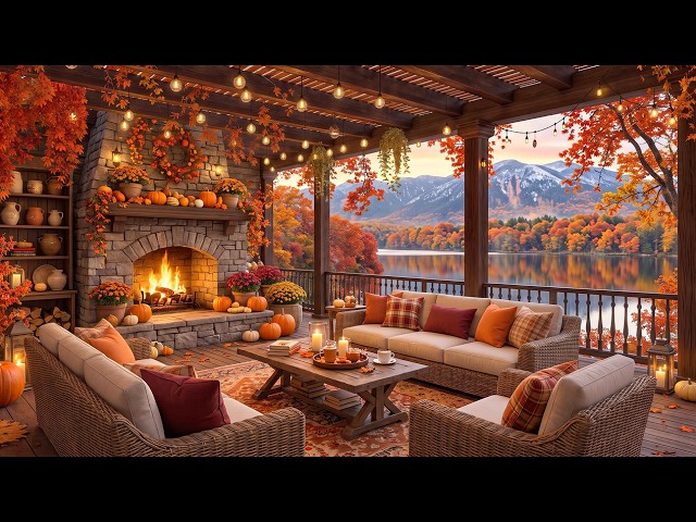 Smooth Autumn Piano Jazz 🍂 Cozy Cabin Fireplace Ambience 🔥 Crackling Fire for Relax, Sleep & Study