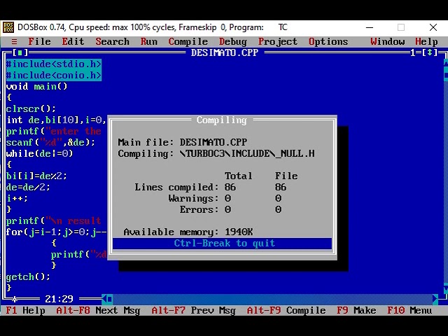 Desimal to binary in c programming
