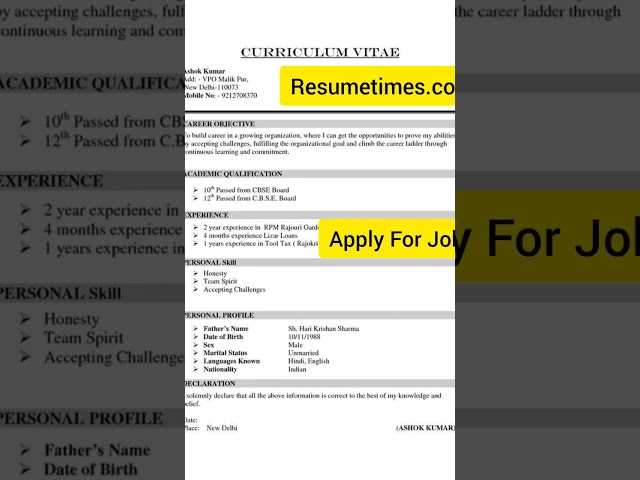 Fresher Resume Format For Students