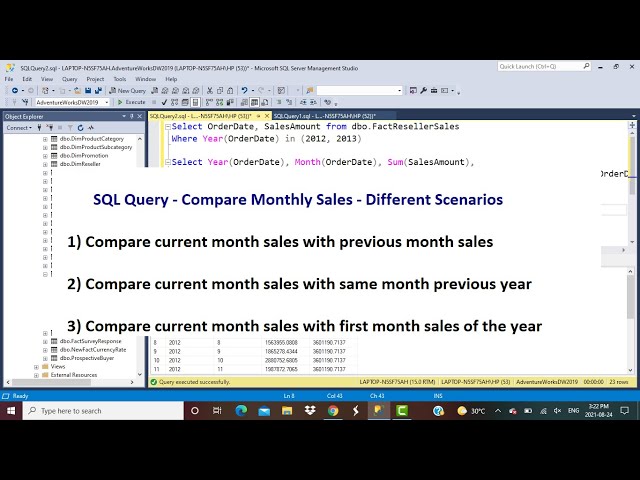 SQL Query | Compare monthly sales with previous month, same month previous year, first month of year