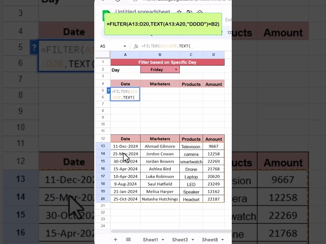 FILTER Function based on Specific day name in Google Sheet #shorts #googlesheetstutorials