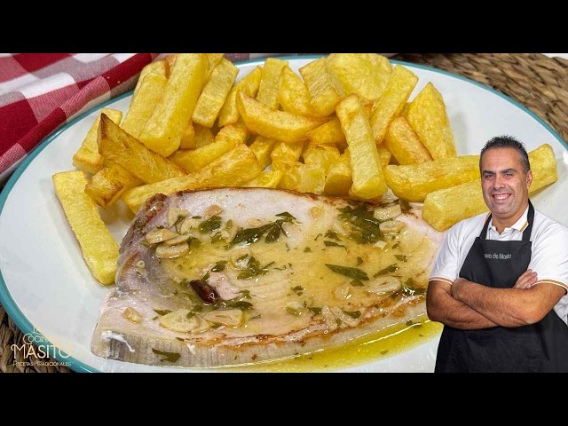 Emperador al ajillo con patatas fritas en airfryer crujientes por fuera y jugosas por dentro