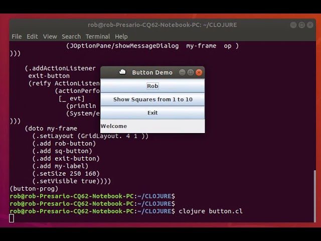 Clojure program with GUI Buttons.