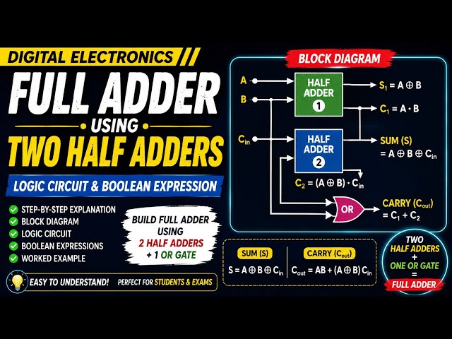 Full Adder using Two Half Adders | Logic Circuit & Boolean Expression | Digital Electronics | Hindi