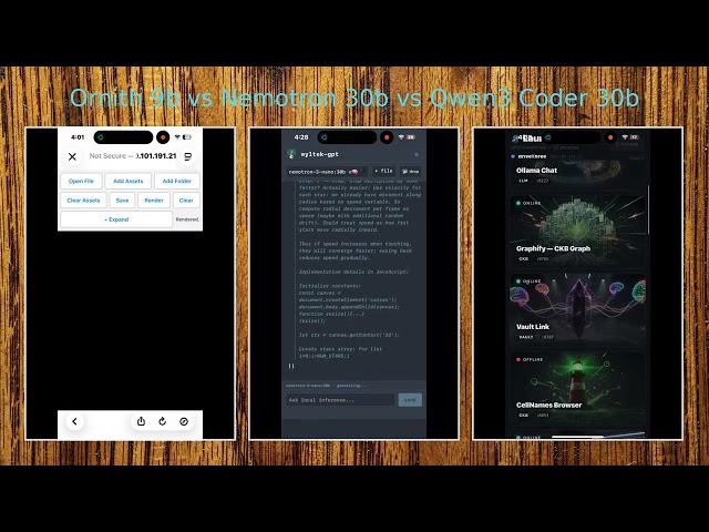 Starfield HTML comparison Ornith 9b vs Nemotron 30b vs Qwen 3 coder 30b