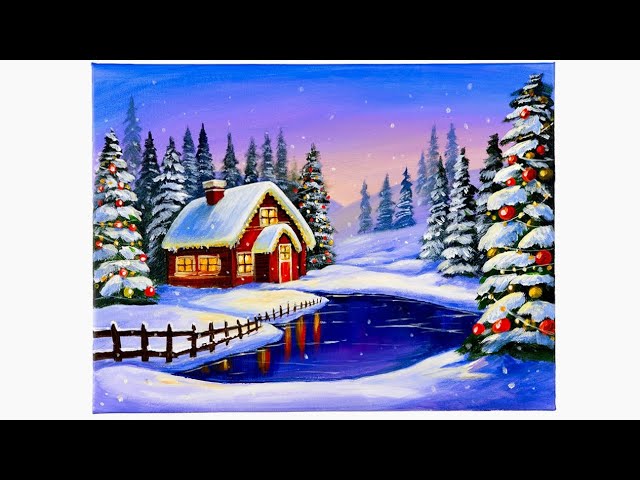 Christmas Painting Tutorial / Winter Scenery / Acrylic Painting Techniques