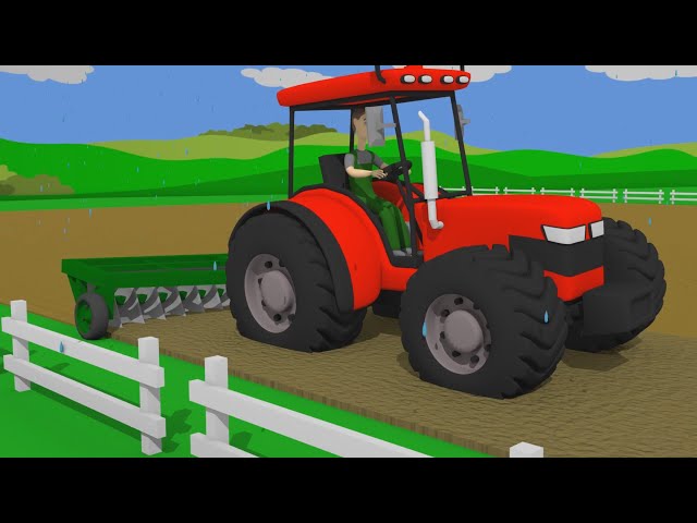 Tractor Show - Construction of the Red Tractor and marshy mud in field | Big JCB to help - For Kids