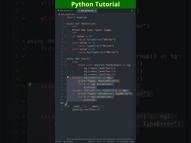 New in Python 3.11: Task Groups with Exceptions.