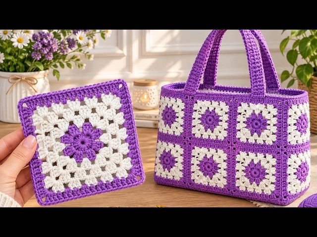 This Crochet Flower Bag Is So Beautiful! 💜 Easy Granny Square Bag Tutorial