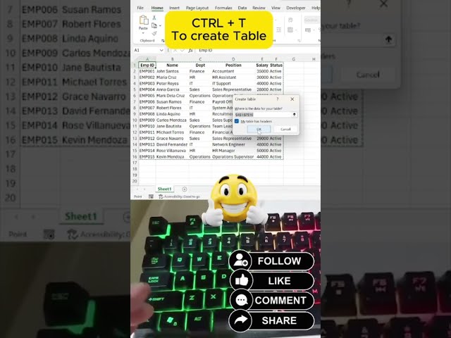 Excel Shortcut Tips & tricks Press Ctrl+T for Table #shorts