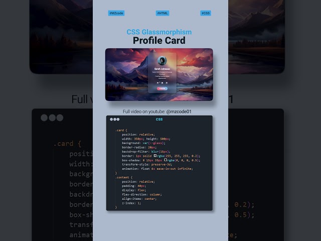 Glassmorphism Profile Card with CSS ❄️ | mzcode01 #profilecard #cssprojects #css #shorts #hindi