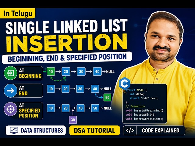 In Telugu | Single Linked List Insertion | Beginning, End & Specified Position | Code | DS | DSA