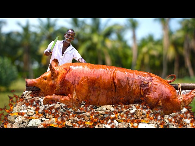 PORK COOKED INSIDE STONE | Primitive Technology | Village Grandpa One Man Show |