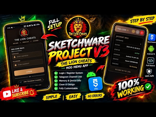 SKETCHWARE PROJECT V3 🔥 | THE LION CHEATS | FULL SOURCE CODE + LOGIN SYSTEM | Android 15