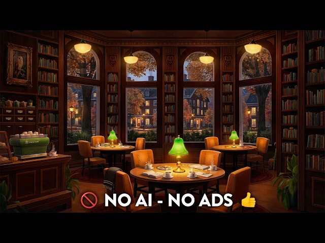Fall Library Cafe Ambience with Calm Jazz Music & Rain for Studying, Focus, & Relaxation