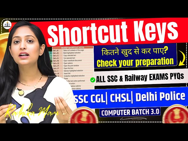Keyboard Shortcuts| Computer 3.0 Practice Class-15| SSC & Railway Exams| Radhika Mam